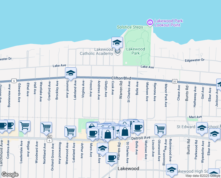 map of restaurants, bars, coffee shops, grocery stores, and more near 1223 Gladys Avenue in Lakewood