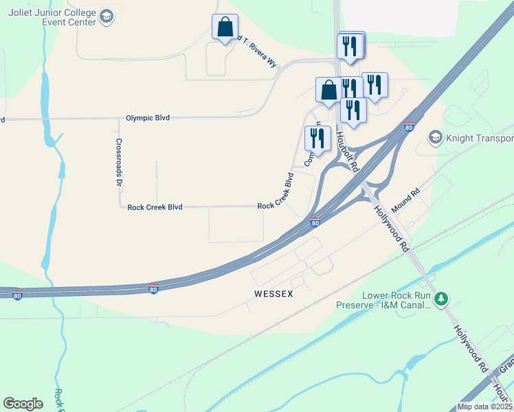 map of restaurants, bars, coffee shops, grocery stores, and more near 3800 Rock Creek Boulevard in Joliet