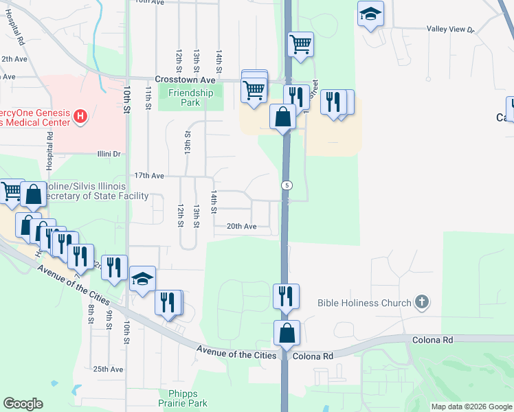 map of restaurants, bars, coffee shops, grocery stores, and more near 1429 20th Avenue in Silvis