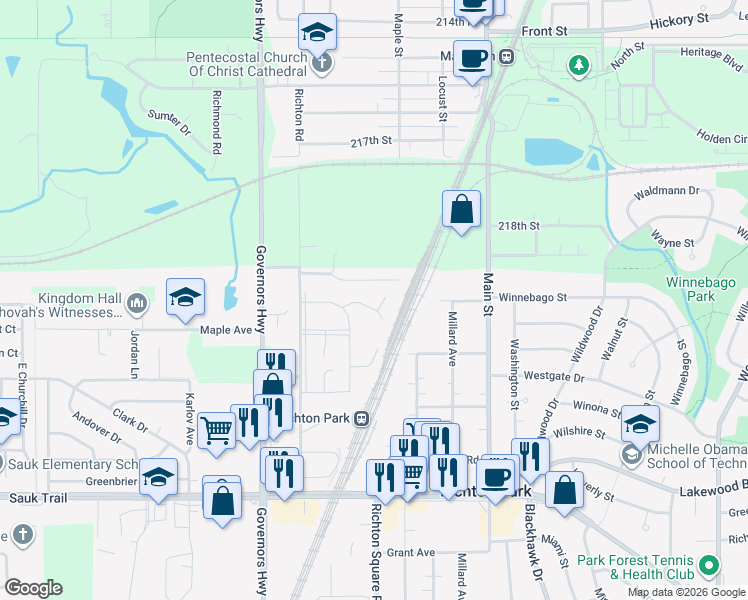 map of restaurants, bars, coffee shops, grocery stores, and more near 4056 Appleby Court in Richton Park