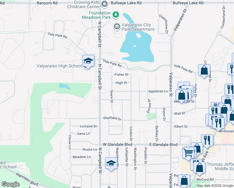 map of restaurants, bars, coffee shops, grocery stores, and more near 154 John Glenn Drive in Valparaiso