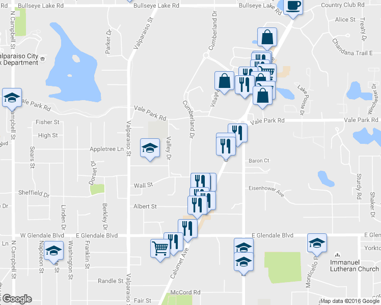 map of restaurants, bars, coffee shops, grocery stores, and more near 2502 Cumberland Drive in Valparaiso