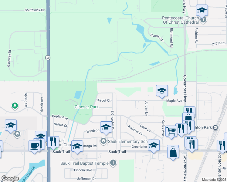 map of restaurants, bars, coffee shops, grocery stores, and more near 21949 East Churchill Drive in Richton Park