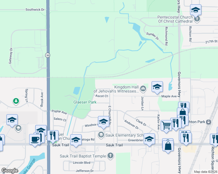 map of restaurants, bars, coffee shops, grocery stores, and more near 21949 East Churchill Drive in Richton Park