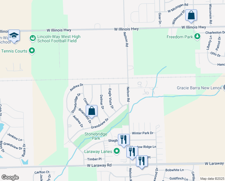 map of restaurants, bars, coffee shops, grocery stores, and more near 1505 Eagle Vista Drive in New Lenox