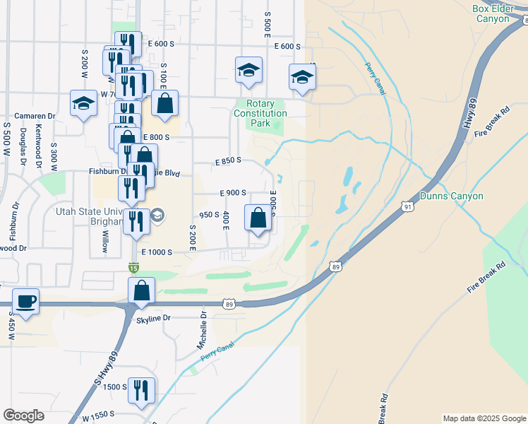 map of restaurants, bars, coffee shops, grocery stores, and more near 510 East 950 South in Brigham City