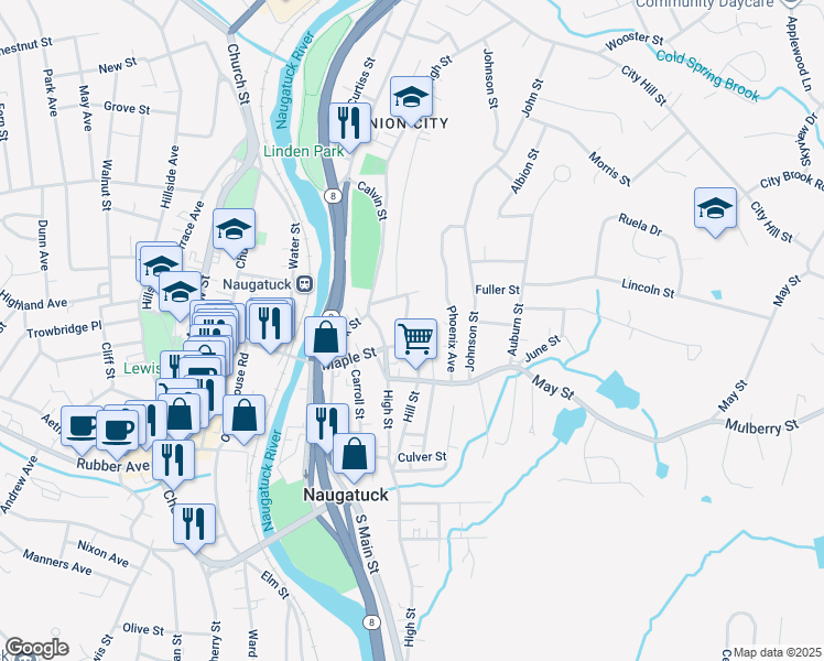 map of restaurants, bars, coffee shops, grocery stores, and more near 239 Maple Street in Naugatuck