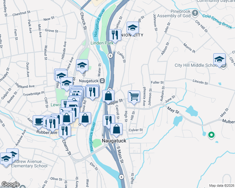 map of restaurants, bars, coffee shops, grocery stores, and more near 194 Maple Street in Naugatuck