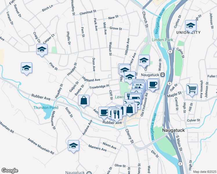 map of restaurants, bars, coffee shops, grocery stores, and more near 16 Moore Avenue in Naugatuck