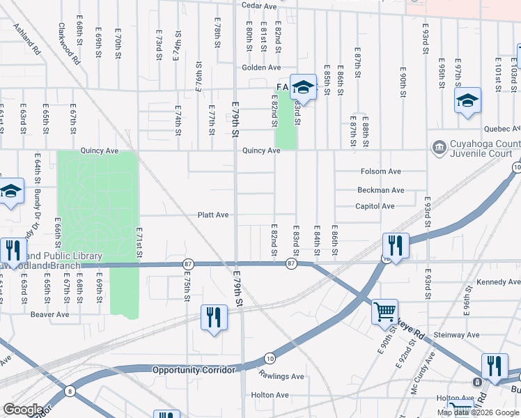 map of restaurants, bars, coffee shops, grocery stores, and more near 2524 East 82nd Street in Cleveland