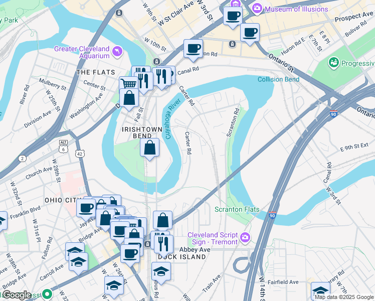 map of restaurants, bars, coffee shops, grocery stores, and more near 2035 Carter Road in Cleveland
