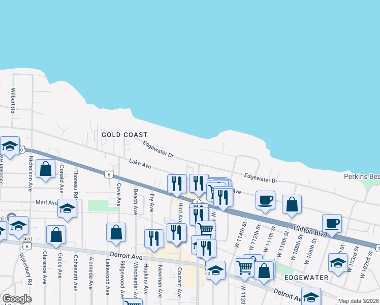 map of restaurants, bars, coffee shops, grocery stores, and more near 2 Edgewater Square in Lakewood