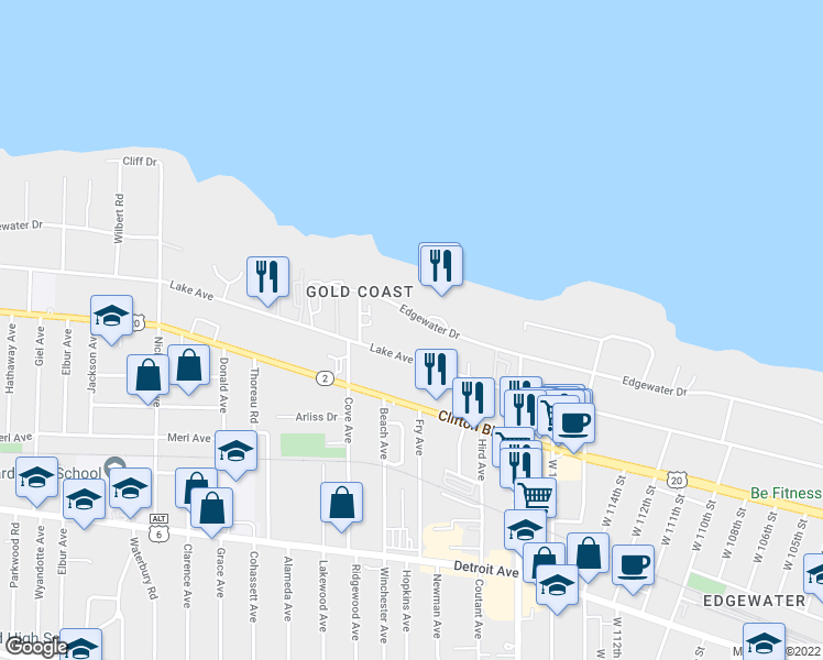 map of restaurants, bars, coffee shops, grocery stores, and more near 12002 Lake Avenue in Lakewood