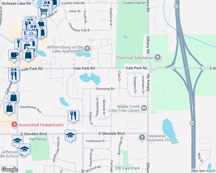 map of restaurants, bars, coffee shops, grocery stores, and more near 2309 Worthington Drive in Valparaiso