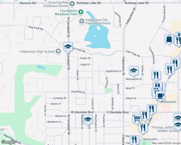 map of restaurants, bars, coffee shops, grocery stores, and more near 2398 Linden Dr in Valparaiso
