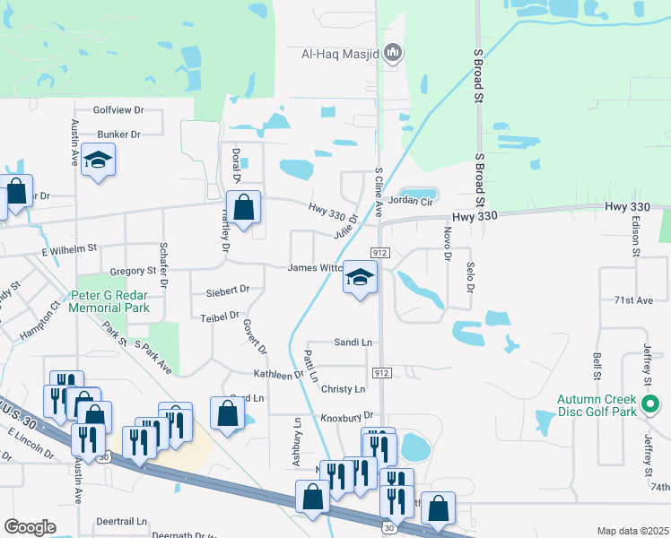 map of restaurants, bars, coffee shops, grocery stores, and more near 705 James Wittchen Dr in Schererville