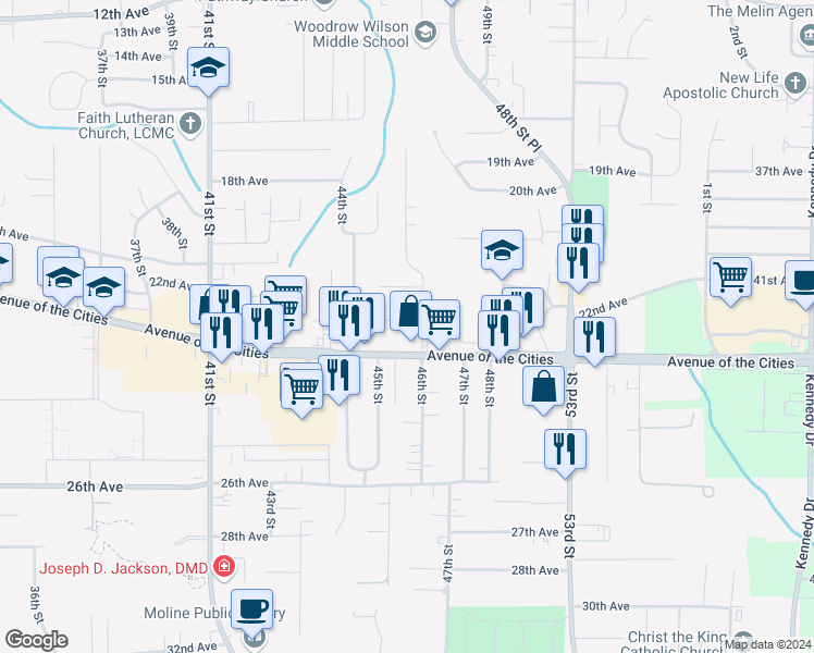 map of restaurants, bars, coffee shops, grocery stores, and more near 4509 Avenue Of The Cities in Moline