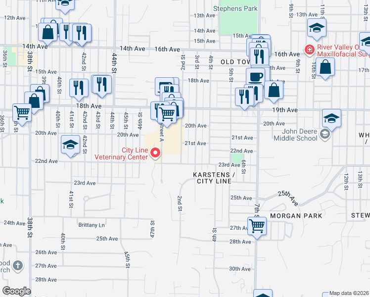 map of restaurants, bars, coffee shops, grocery stores, and more near 2140 2nd Street in Moline