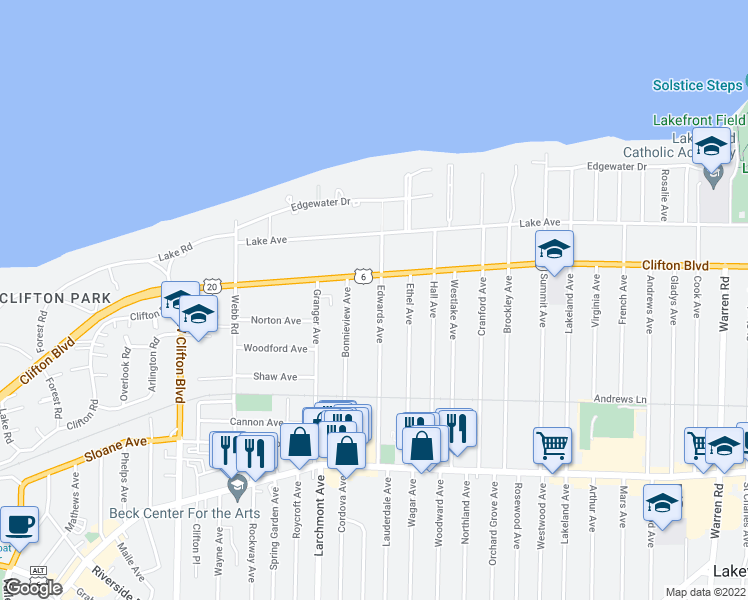 map of restaurants, bars, coffee shops, grocery stores, and more near 1206 Edwards Avenue in Lakewood