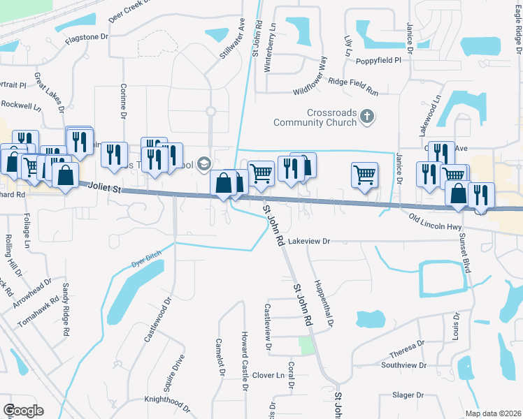 map of restaurants, bars, coffee shops, grocery stores, and more near 1594 Joliet Street in Dyer