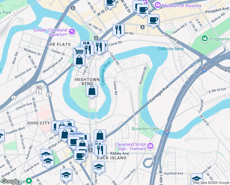 map of restaurants, bars, coffee shops, grocery stores, and more near 2035 Carter Road in Cleveland