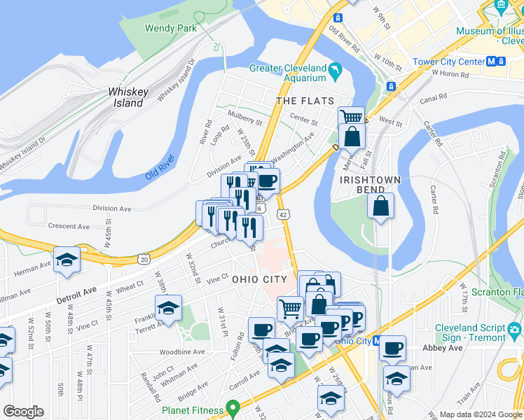 map of restaurants, bars, coffee shops, grocery stores, and more near 2605 Detroit Avenue in Cleveland