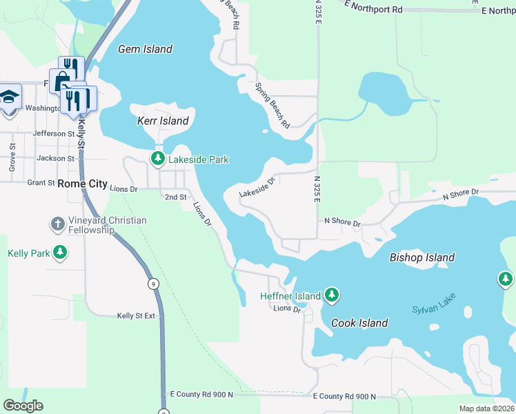 map of restaurants, bars, coffee shops, grocery stores, and more near 725 Lakeside Drive in Rome City
