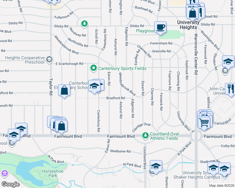 map of restaurants, bars, coffee shops, grocery stores, and more near 2551 Eaton Road in University Heights