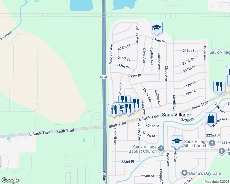 map of restaurants, bars, coffee shops, grocery stores, and more near 21793 Peterson Avenue in Chicago Heights