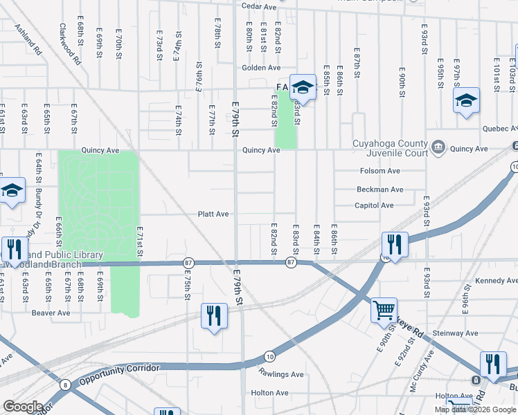 map of restaurants, bars, coffee shops, grocery stores, and more near 2524 East 82nd Street in Cleveland
