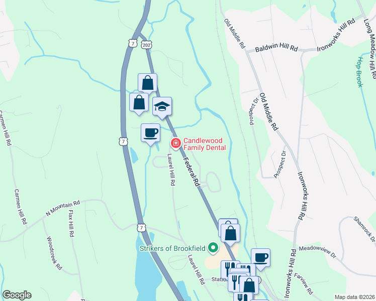 map of restaurants, bars, coffee shops, grocery stores, and more near 938 Federal Road in Brookfield