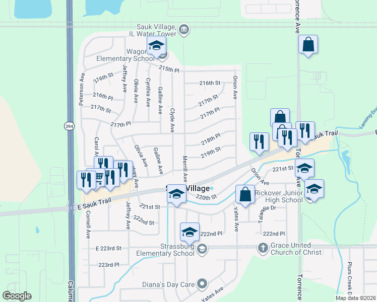 map of restaurants, bars, coffee shops, grocery stores, and more near 21837 Merrill Avenue in Sauk Village