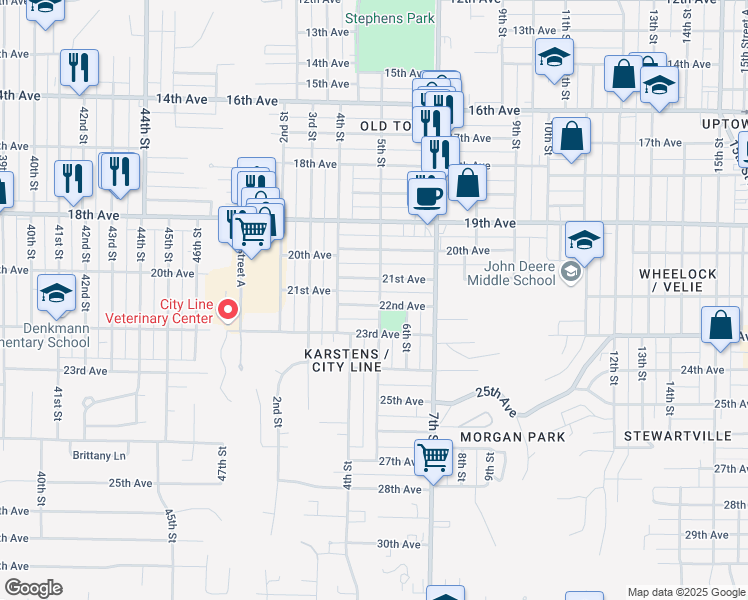 map of restaurants, bars, coffee shops, grocery stores, and more near 451 22nd Avenue in Moline