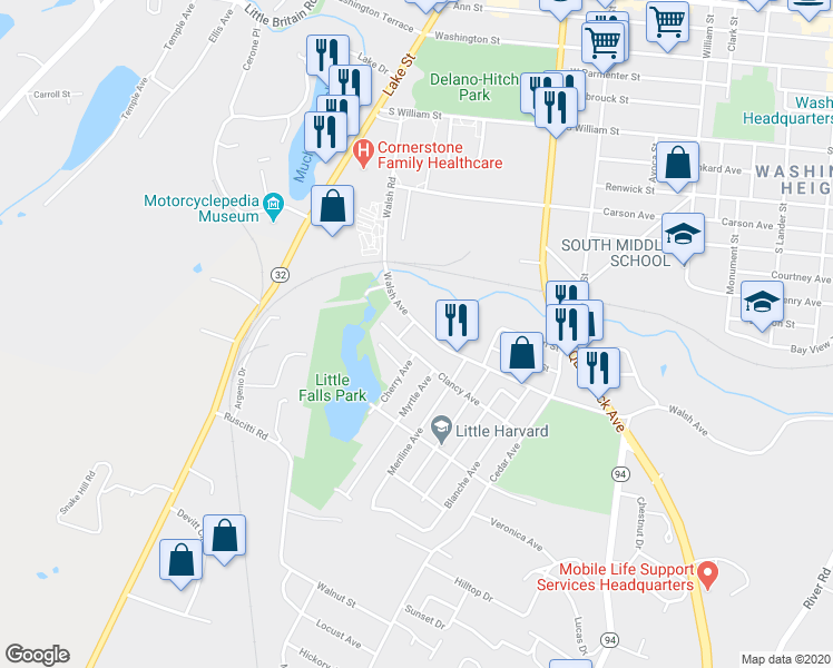 map of restaurants, bars, coffee shops, grocery stores, and more near 220 Walsh Avenue in New Windsor