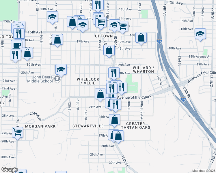 map of restaurants, bars, coffee shops, grocery stores, and more near 2121 15th Street A in Moline