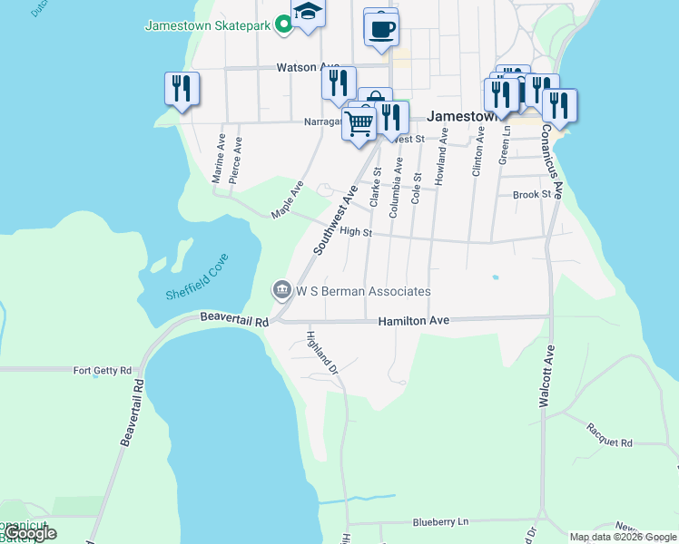 map of restaurants, bars, coffee shops, grocery stores, and more near 95 Southwest Avenue in Jamestown