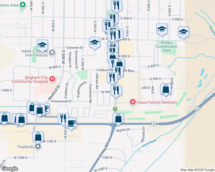 map of restaurants, bars, coffee shops, grocery stores, and more near 960 South Main Street in Brigham City