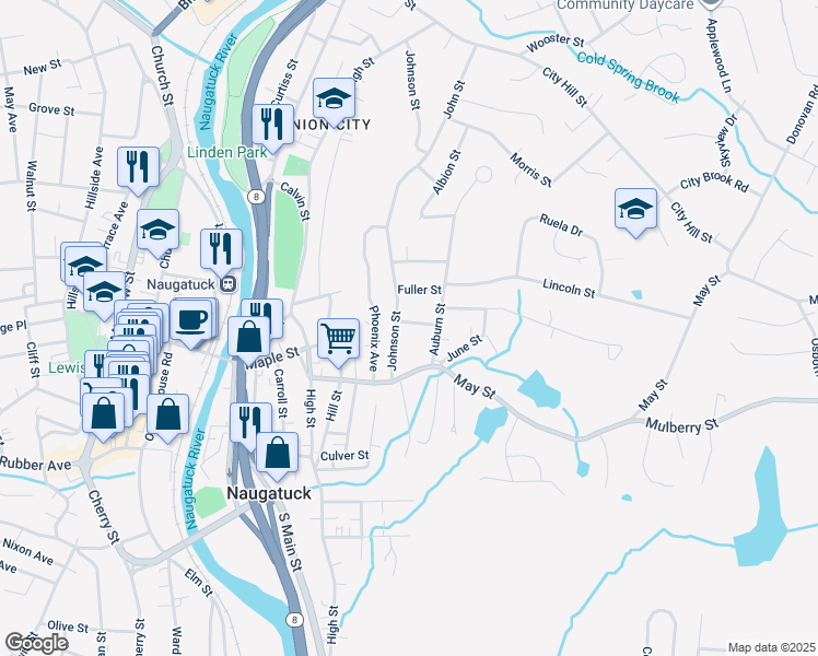map of restaurants, bars, coffee shops, grocery stores, and more near 11 Baldwin Street in Naugatuck