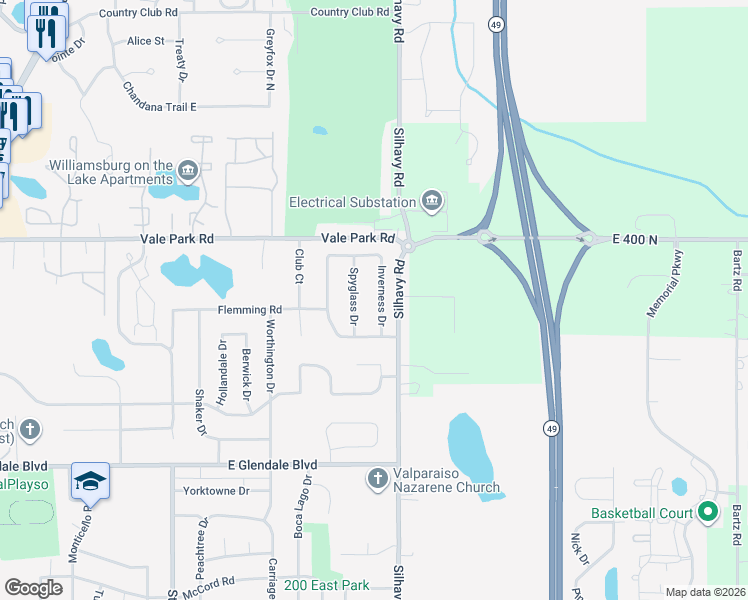 map of restaurants, bars, coffee shops, grocery stores, and more near 2405 Inverness Drive in Valparaiso