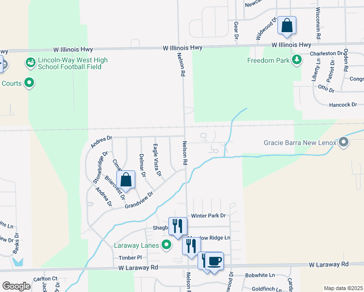 map of restaurants, bars, coffee shops, grocery stores, and more near 1413 Nelson Road in New Lenox