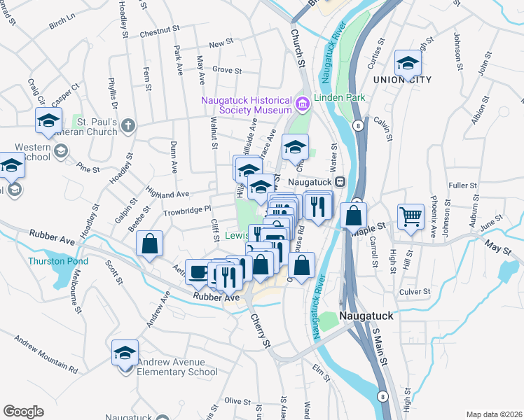map of restaurants, bars, coffee shops, grocery stores, and more near 124 Meadow Street in Naugatuck