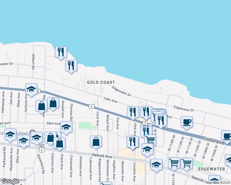 map of restaurants, bars, coffee shops, grocery stores, and more near 11863 Edgewater Drive in Lakewood