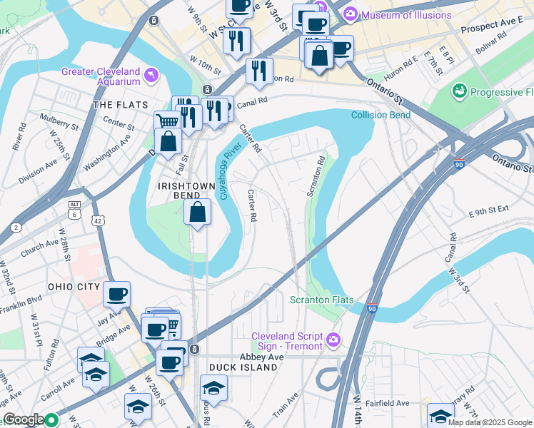 map of restaurants, bars, coffee shops, grocery stores, and more near 1957 Carter Road in Cleveland