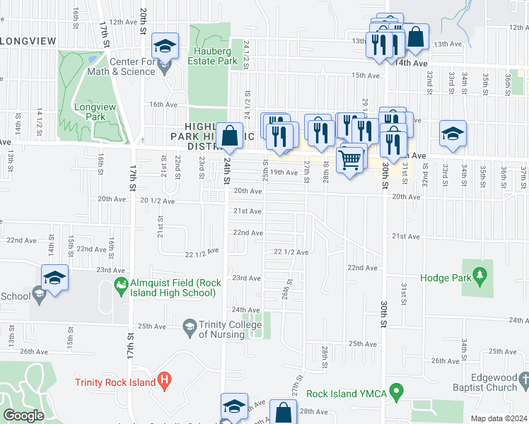 map of restaurants, bars, coffee shops, grocery stores, and more near 2101 25th Street in Rock Island