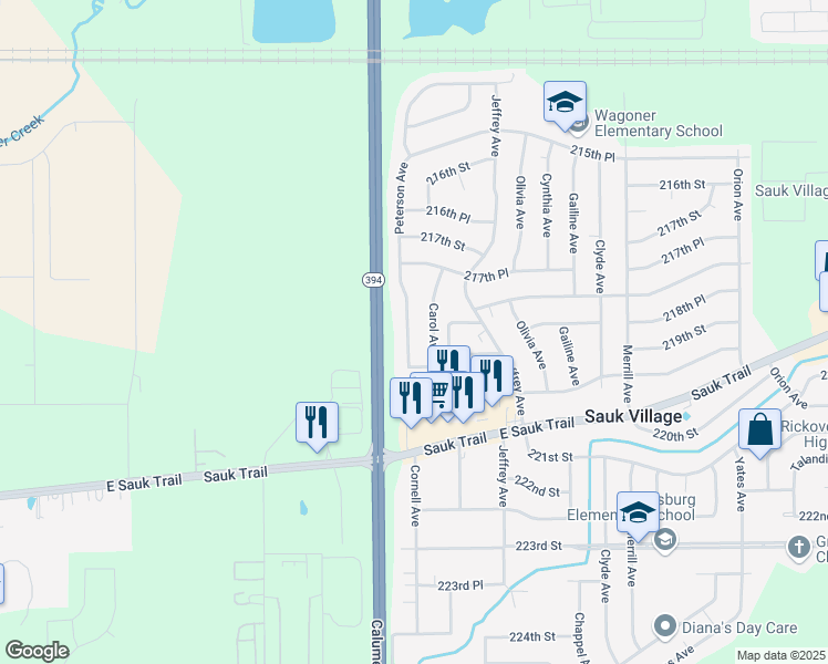 map of restaurants, bars, coffee shops, grocery stores, and more near 21791 Peterson Avenue in Sauk Village