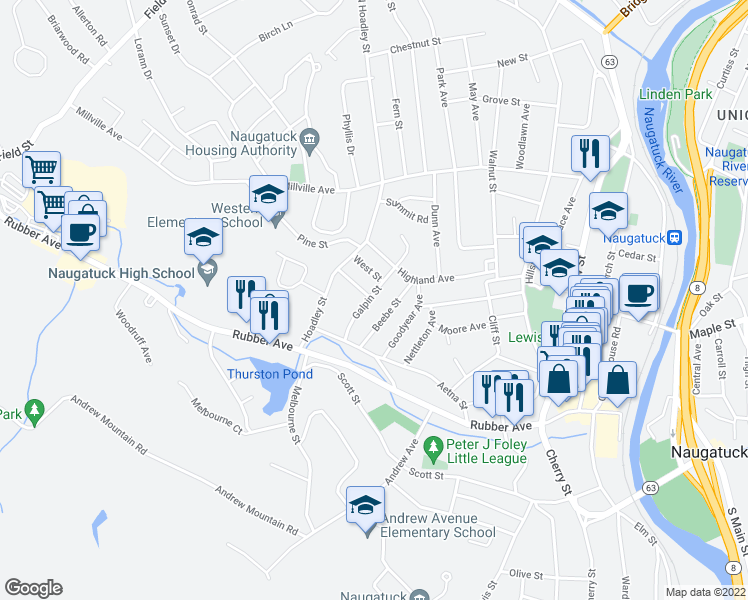 map of restaurants, bars, coffee shops, grocery stores, and more near 57 Galpin Street in Naugatuck