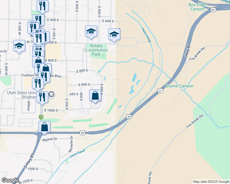 map of restaurants, bars, coffee shops, grocery stores, and more near 48 South 637 East in Brigham City