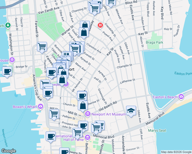 map of restaurants, bars, coffee shops, grocery stores, and more near 47 Kay Street in Newport