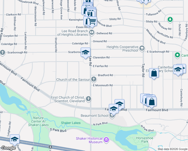 map of restaurants, bars, coffee shops, grocery stores, and more near 3228 East Fairfax Road in Cleveland Heights