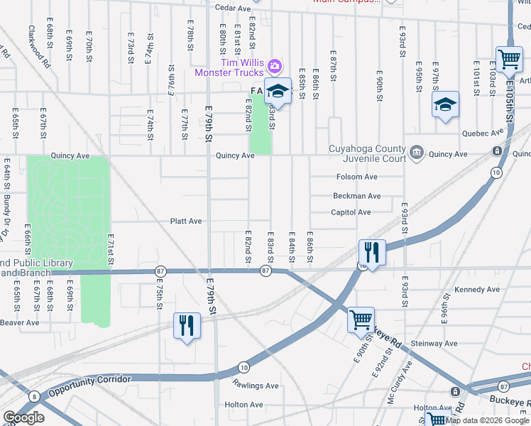 map of restaurants, bars, coffee shops, grocery stores, and more near 2464 East 83rd Street in Cleveland